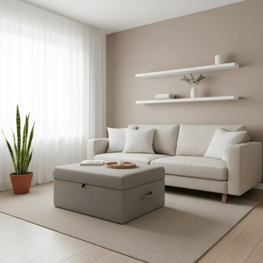 A minimalist small living room organized with an ottoman for storage and floating shelves