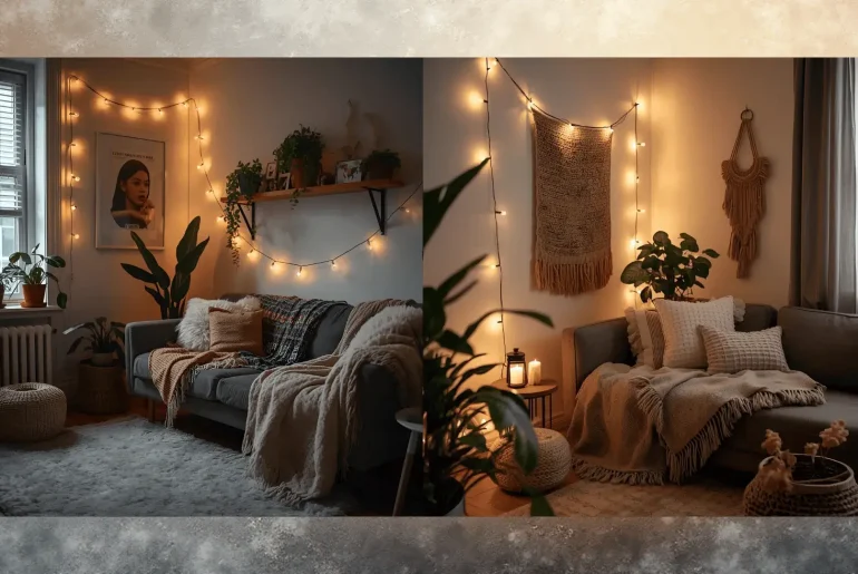 Cozy tiny apartment living room with string lights and soft blankets on budget