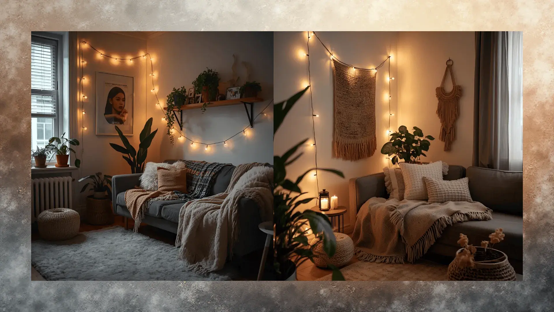 Tiny Apartment Feel Cozy (7 Easy Steps) Cozy tiny apartment living room with string lights and soft blankets on budget
