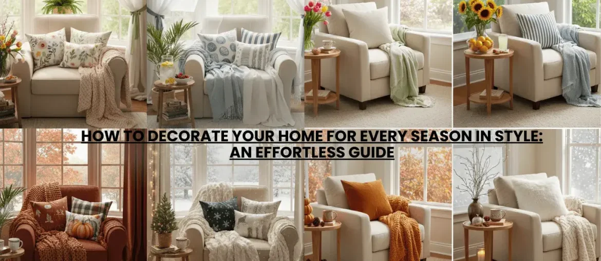 How to decorate your home for every season in style - a visual guide showing spring, summer, fall, and winter decor in one room.