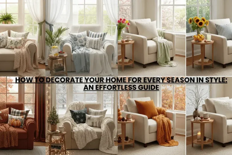 How to decorate your home for every season in style - a visual guide showing spring, summer, fall, and winter decor in one room.