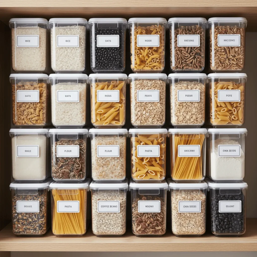 Organized pantry using minimalist hack of uniform jars and containers for dry goods