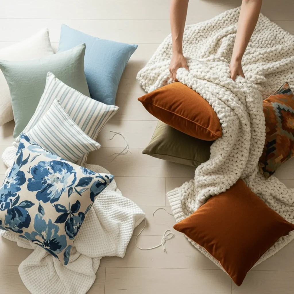 Remove the current throw pillows and blankets from your sofa and chairs
