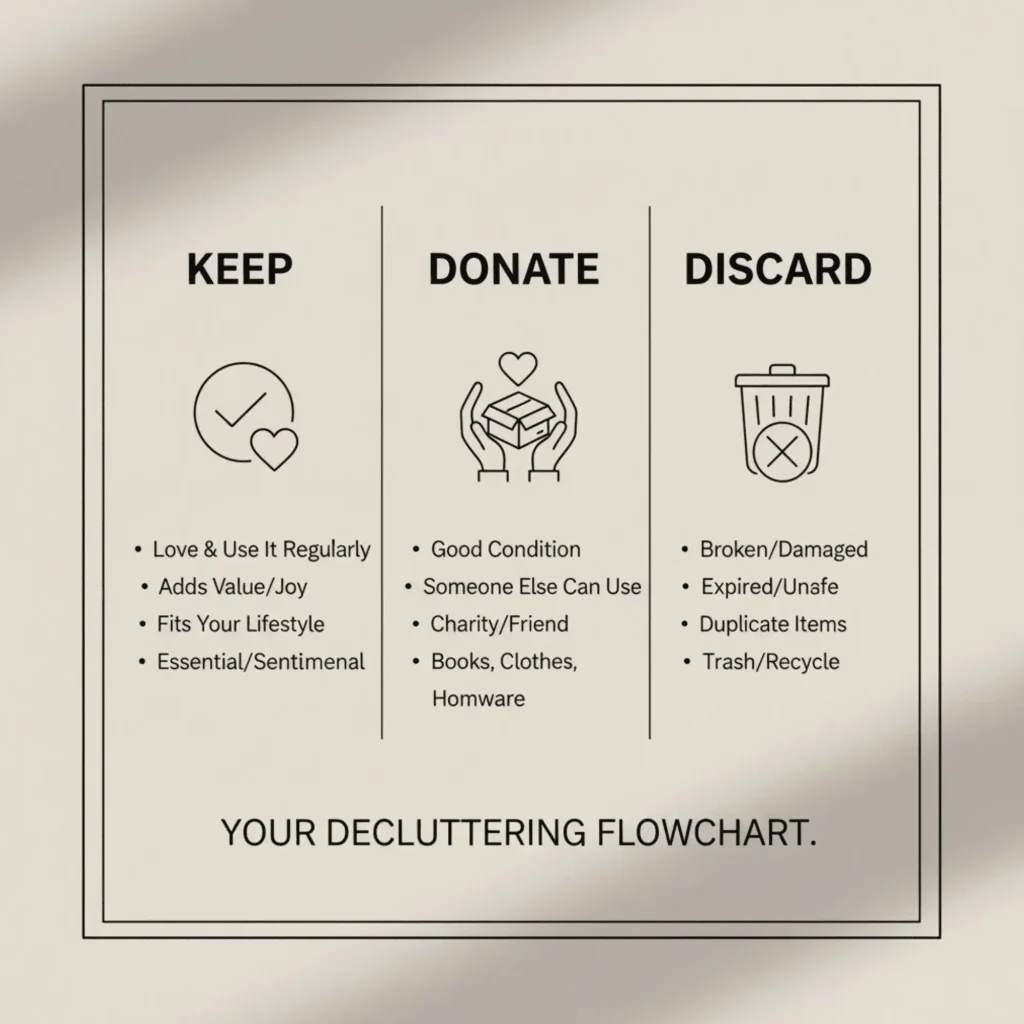 Simple flowchart for the decluttering method to organise small spaces