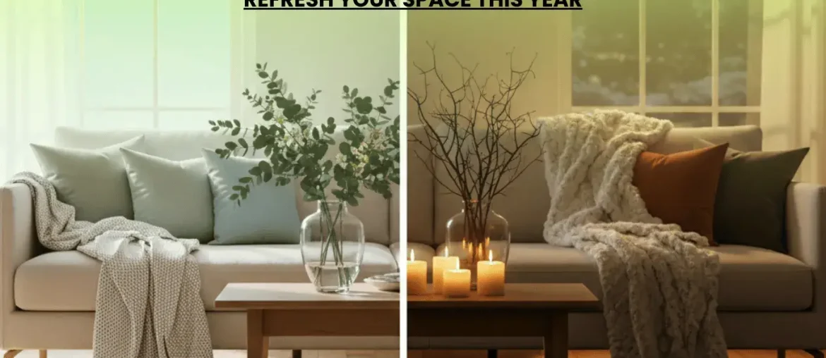 Stunning seasonal home transformation A bright, airy summer living room with linen textiles and a jute rug contrasts with a cozy, inviting winter version using velvet pillows and a plush rug.