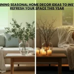 Stunning seasonal home transformation A bright, airy summer living room with linen textiles and a jute rug contrasts with a cozy, inviting winter version using velvet pillows and a plush rug.