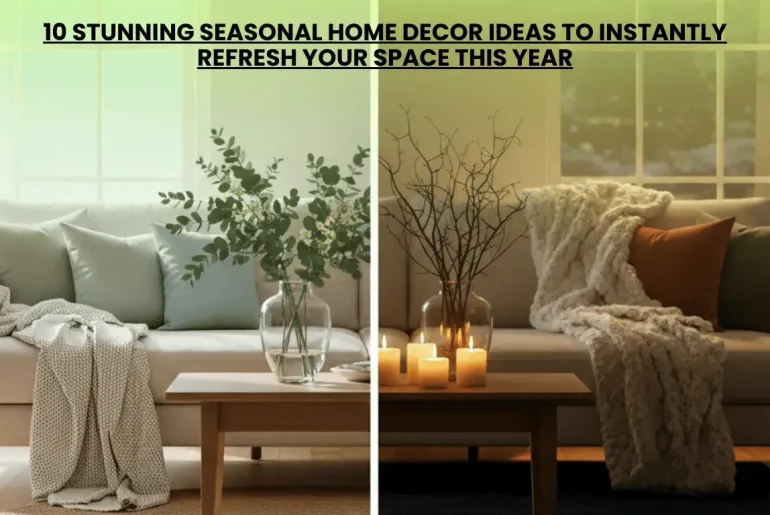 Stunning seasonal home transformation A bright, airy summer living room with linen textiles and a jute rug contrasts with a cozy, inviting winter version using velvet pillows and a plush rug.