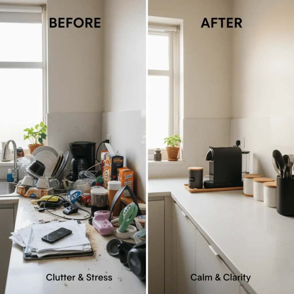 10 Minimalist Storage Ideas before and after decluttering a kitchen with minimalist storage