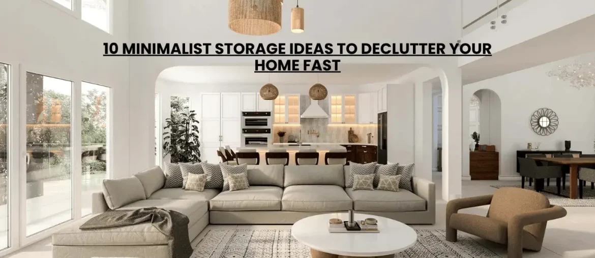 minimalist living room with floating shelves and hidden storage ottoman