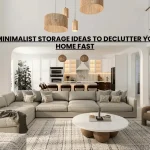 minimalist living room with floating shelves and hidden storage ottoman