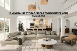 minimalist living room with floating shelves and hidden storage ottoman