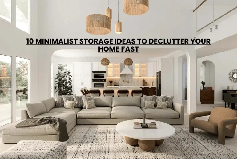 minimalist living room with floating shelves and hidden storage ottoman