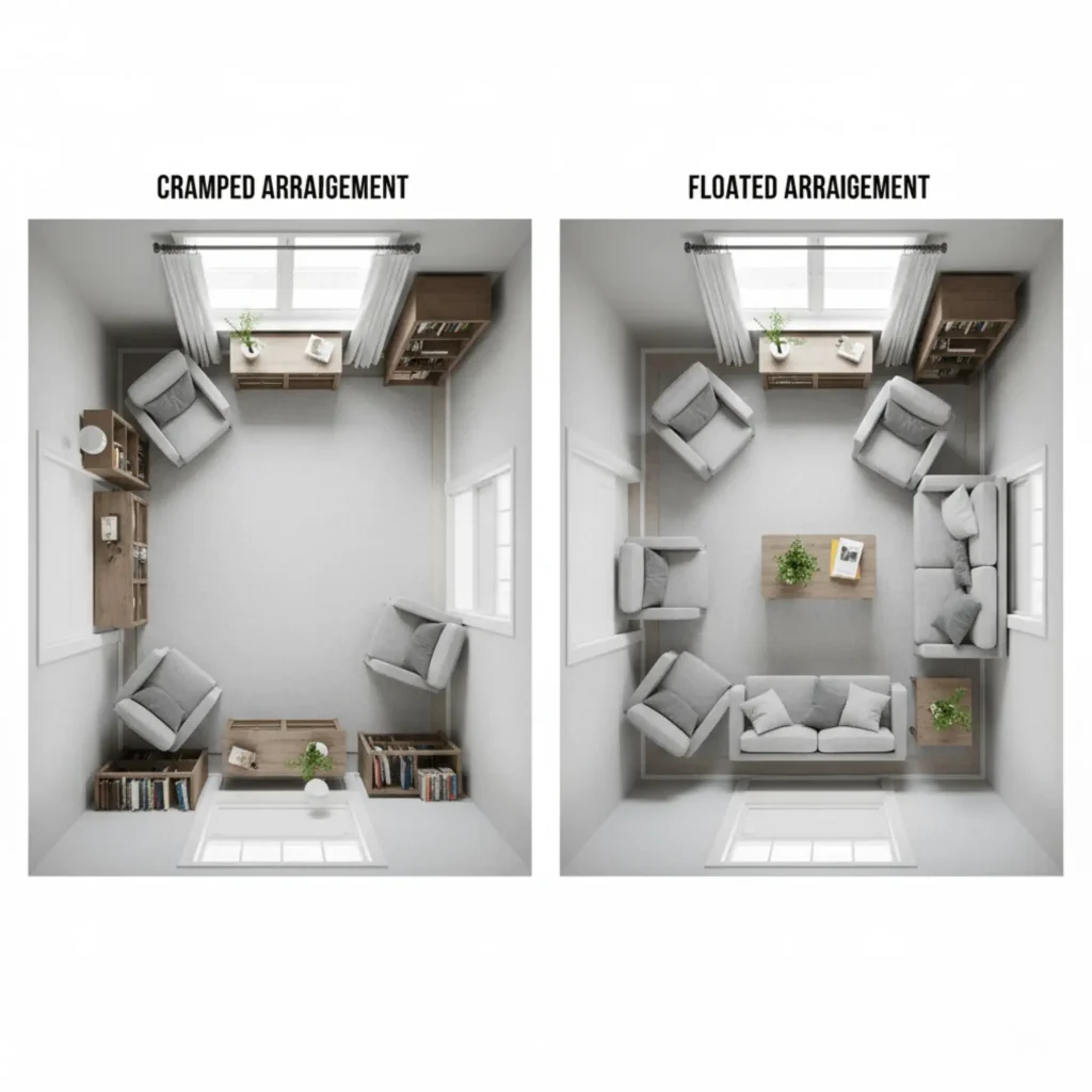 Before and after small space decorating showing furniture placement mistakes versus proper floating technique