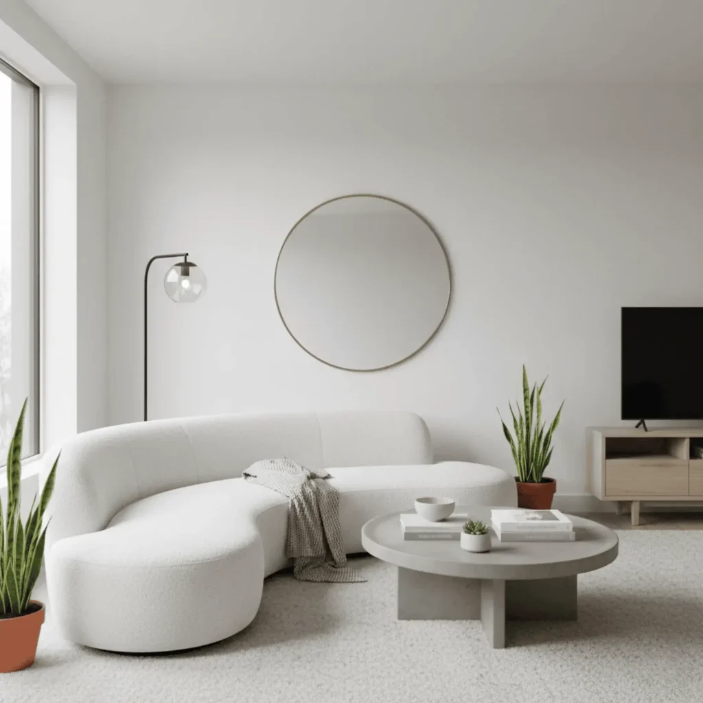 Curved furniture and soft edges aesthetic home decor trend with rounded sofa and circular accents
