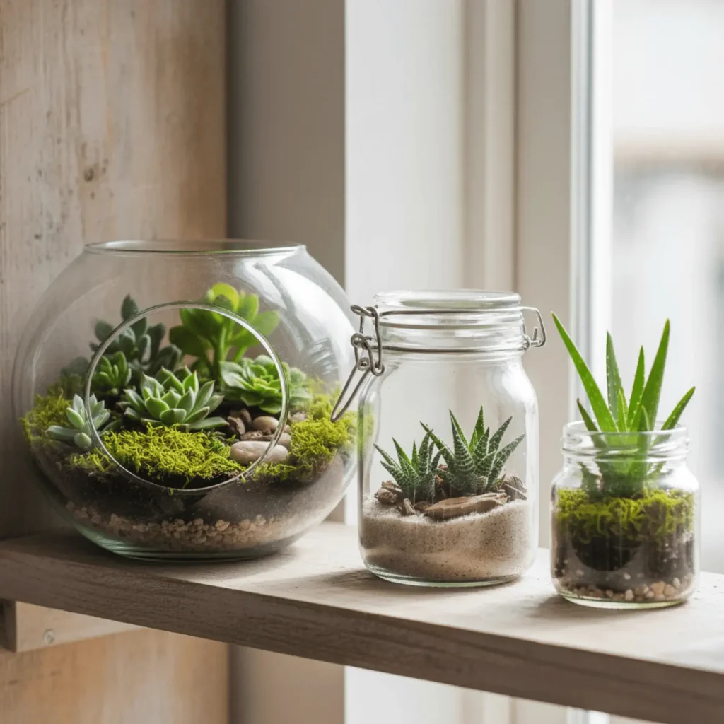 DIY glass terrarium collection recycled containers succulent gardens eco-friendly indoor plants sustainable decor