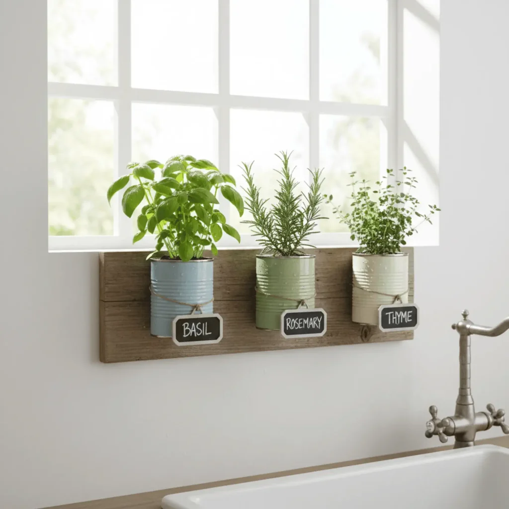 DIY kitchen herb garden recycled tin cans eco-friendly indoor gardening sustainable kitchen decor