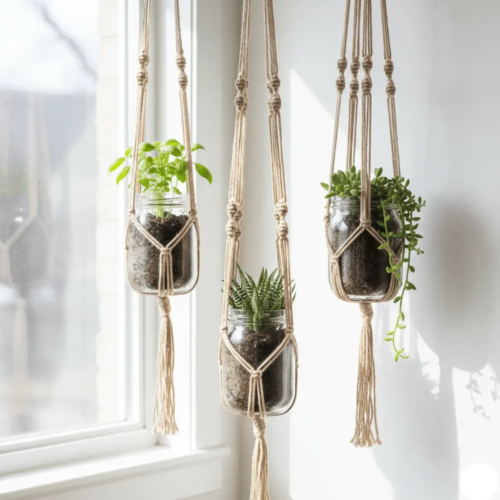DIY mason jar hanging planters with herbs eco-friendly home decor sustainable indoor garden ideas