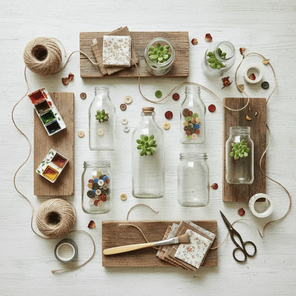 Eco-friendly DIY decor materials recycled glass jars reclaimed wood fabric scraps sustainable craft supplies