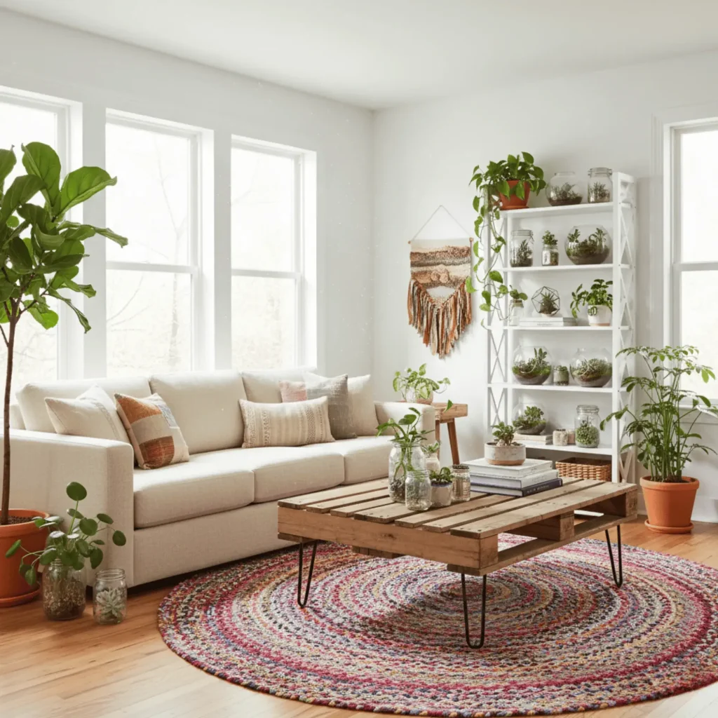 Eco-friendly living room design DIY sustainable furniture upcycled decor greener home interior ideas