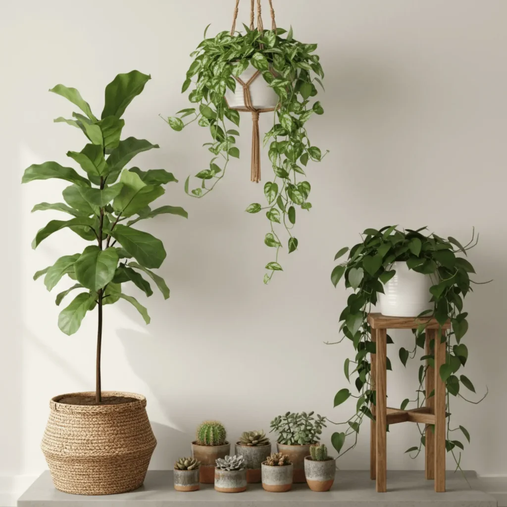 Indoor plant jungle aesthetic home decor trend with hanging and potted plants at multiple levels