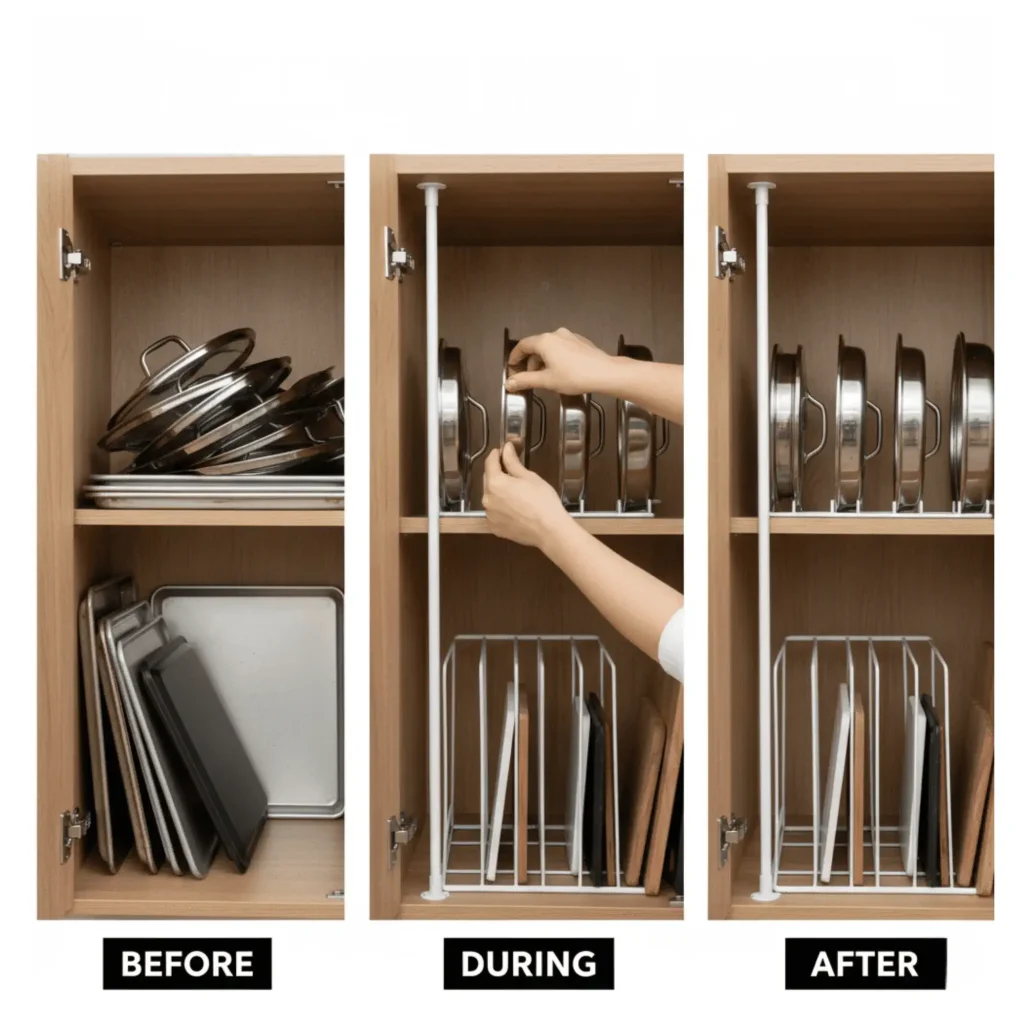 Install Tension Rods for Storing Pan Lids and Baking Trays