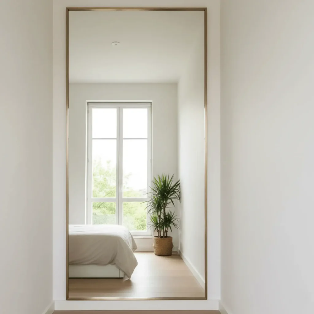 Large mirror placement reflecting light and creating illusion of space in small bedroom