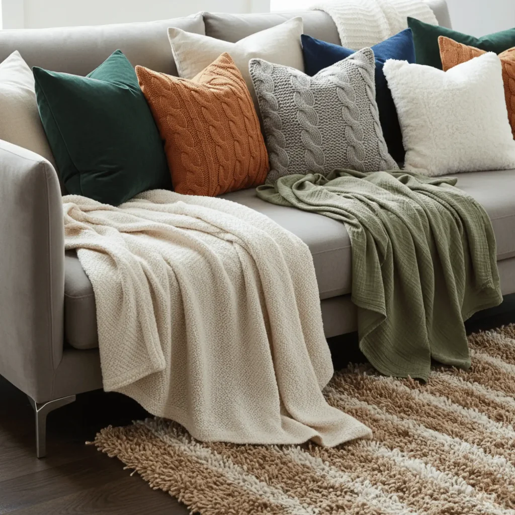 Layered textiles and cozy textures aesthetic home decor trend with mixed fabric throw pillows