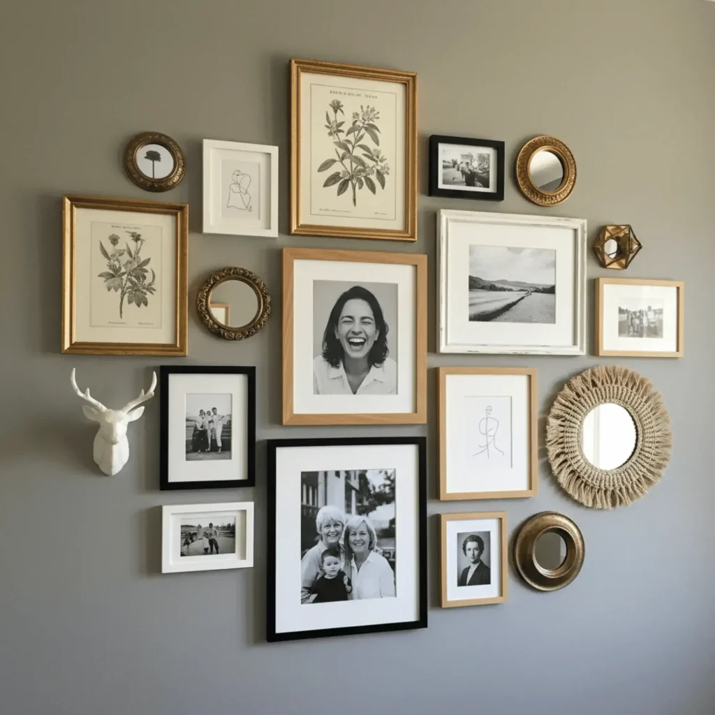 Maximalist gallery wall aesthetic home decor trend with mixed frames and personal art