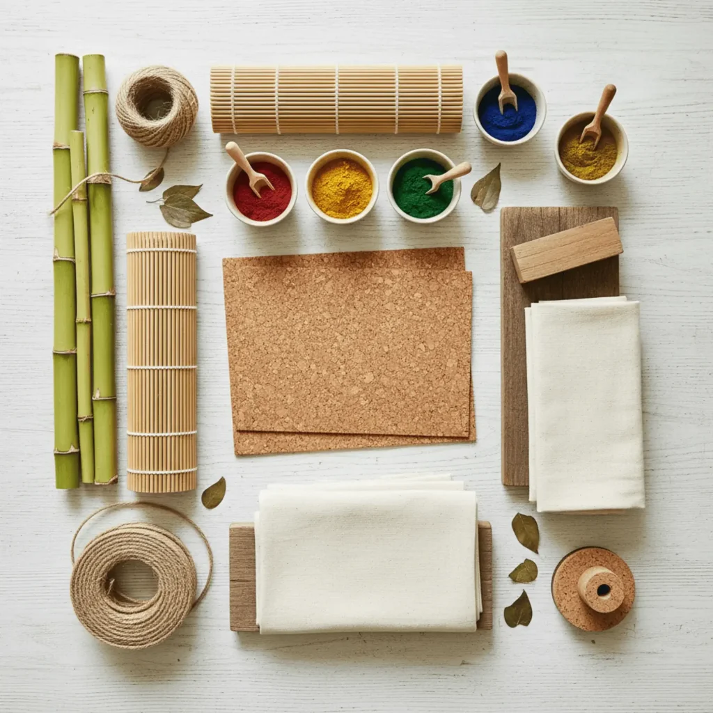 Natural sustainable materials for eco-friendly DIY projects bamboo cork jute organic cotton natural dyes