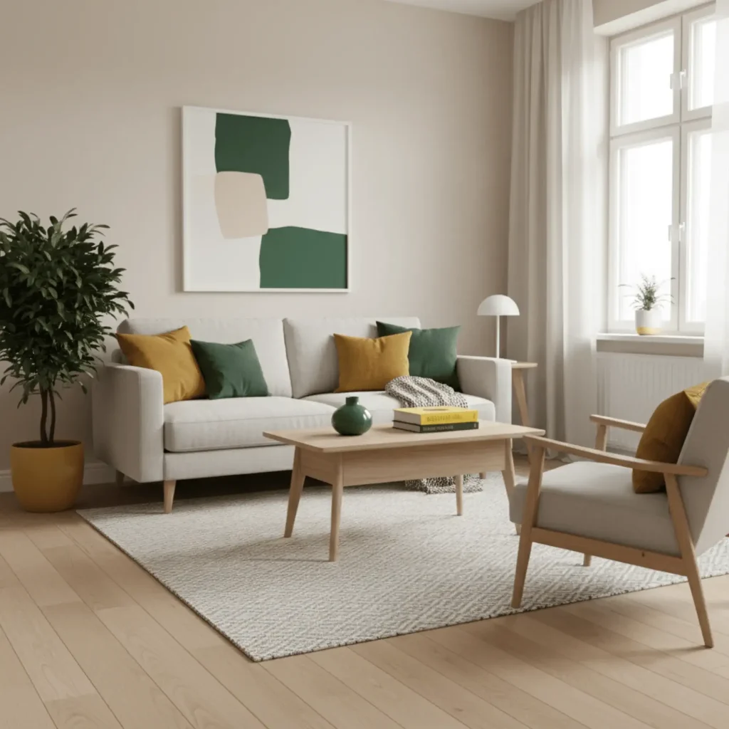 Small space color palette using 60-30-10 rule with neutral base and accent colors