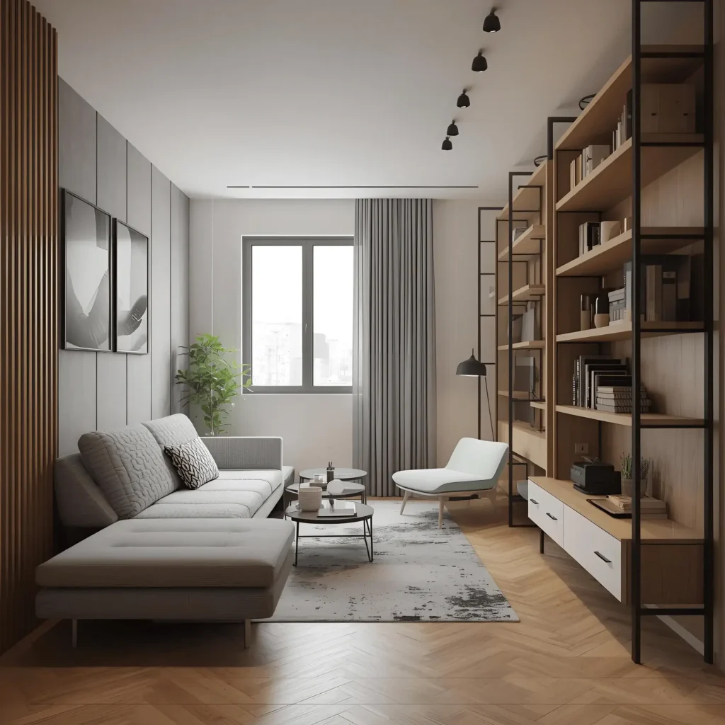 Small space decorating rules with floating furniture and vertical storage in bright studio apartment
