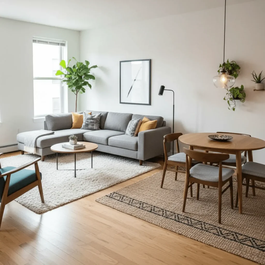 Studio apartment zone creation using area rugs to define spaces without walls
