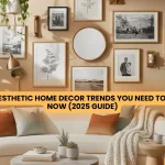 "15 aesthetic home decor trends 2025 living room featuring curved furniture gallery wall plants and earthy neutral colors"
