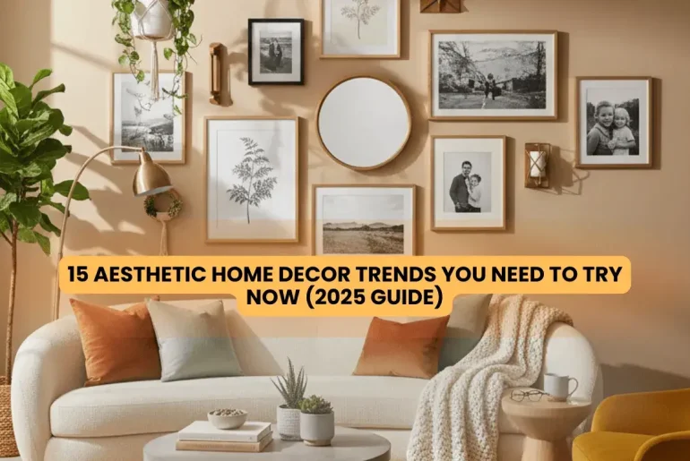 "15 aesthetic home decor trends 2025 living room featuring curved furniture gallery wall plants and earthy neutral colors"