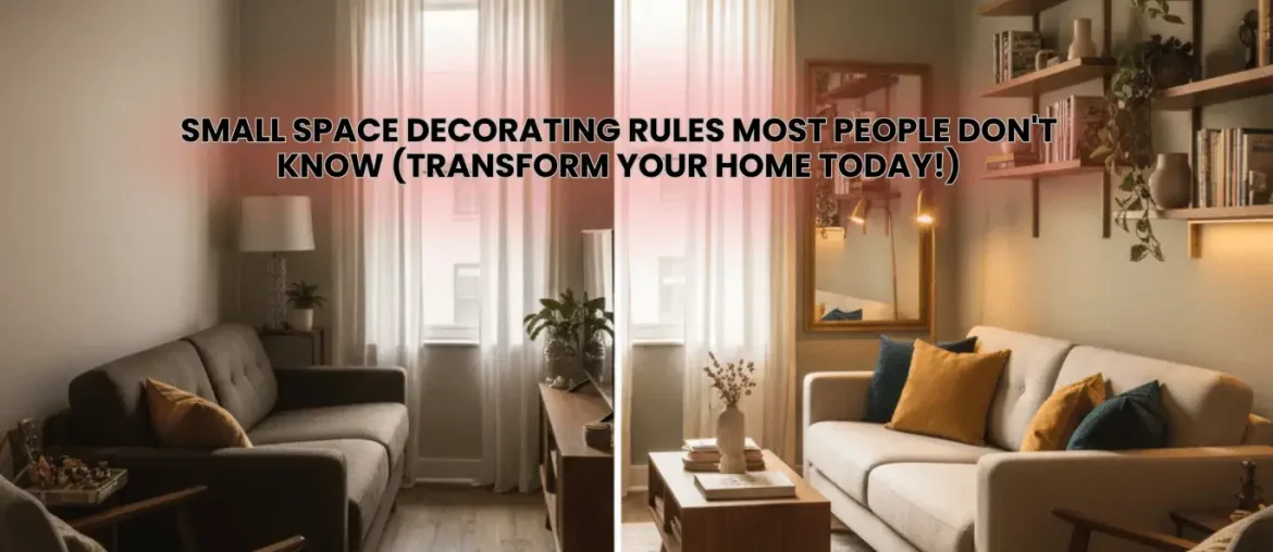 Small space decorating rules before and after transformation showing floating furniture vertical storage and proper lighting in studio apartment