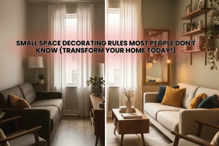 Small space decorating rules before and after transformation showing floating furniture vertical storage and proper lighting in studio apartment