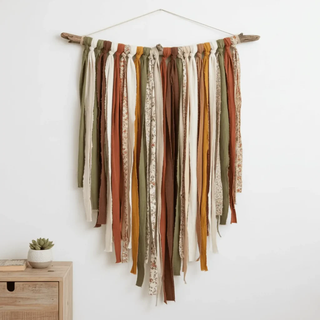 Upcycled fabric wall hanging DIY boho decor from recycled t-shirts sustainable bedroom decoration
