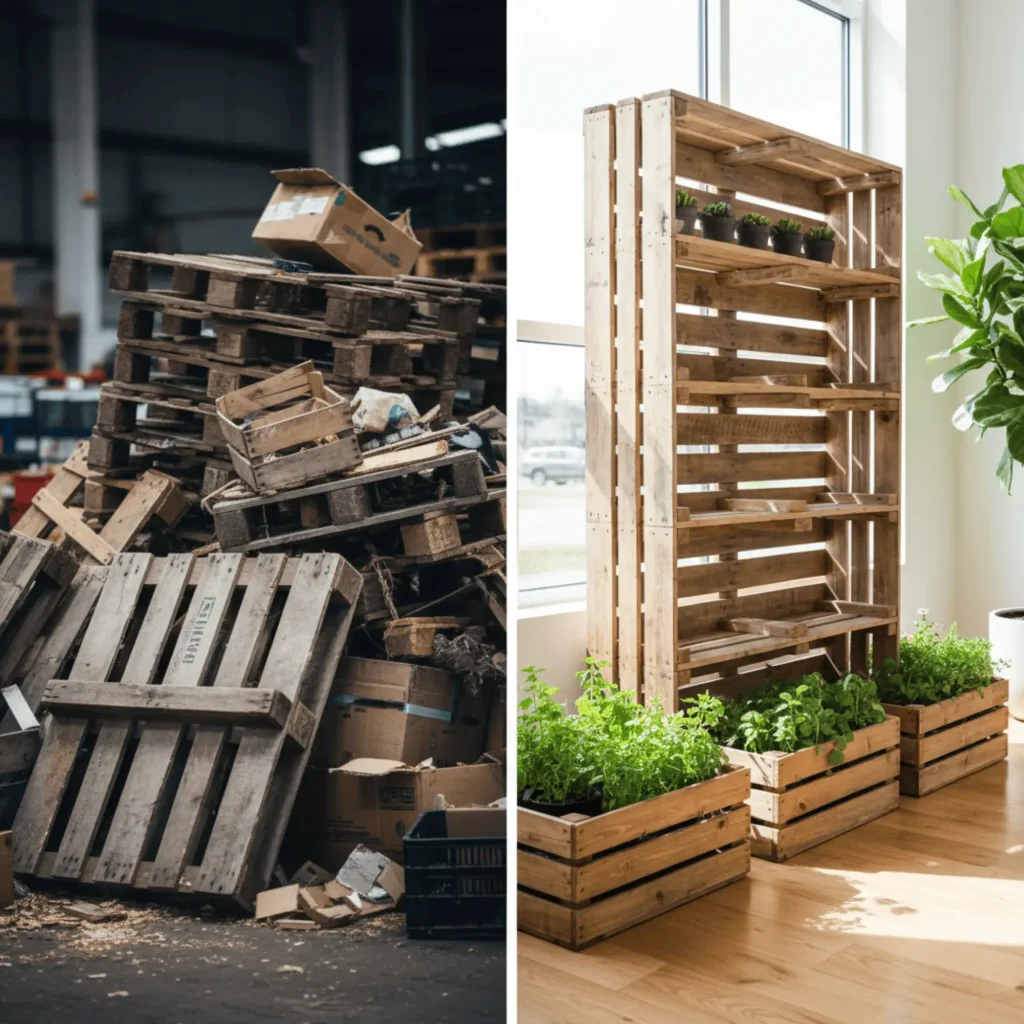Upcycled pallet transformation before after DIY furniture eco-friendly material sourcing sustainable home projects