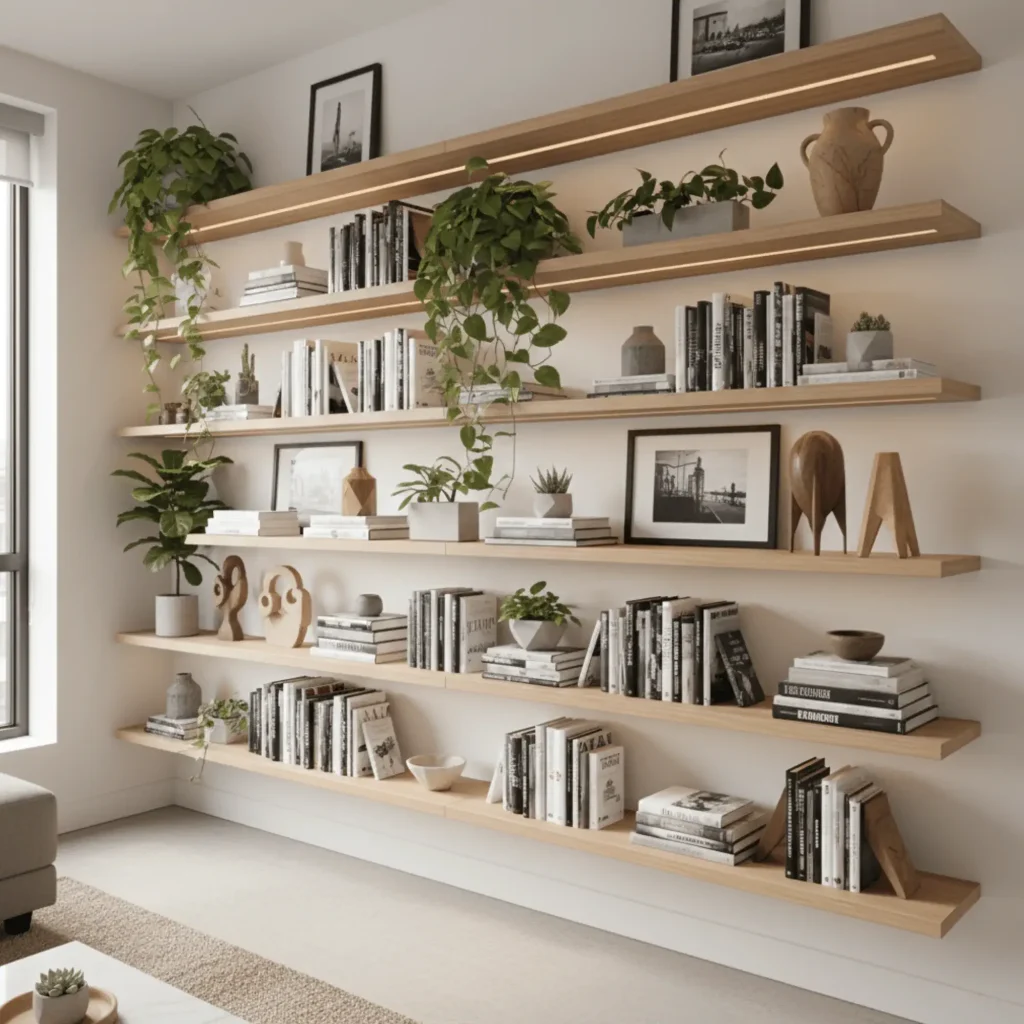 Vertical storage ideas using ceiling-height floating shelves for small apartment organization