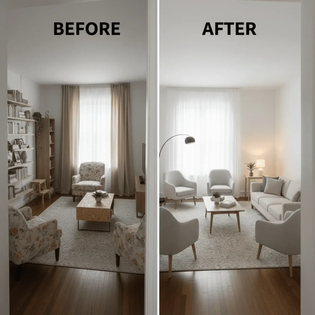 Before and after transformation of small rental living room showing genius layout ideas
