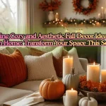 Cozy and aesthetic fall decor ideas for warm home with layered blankets pumpkins candles and autumn color palette in modern living room