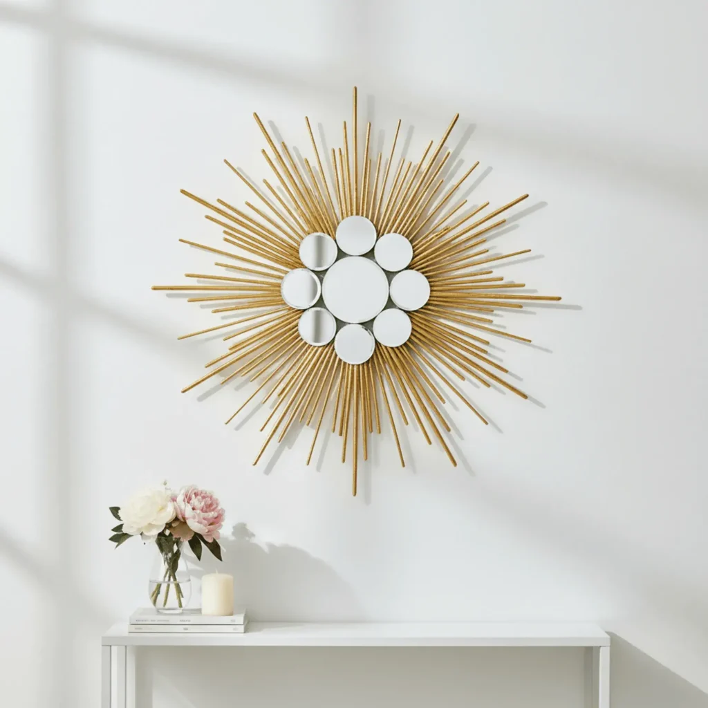 Gold sunburst mirror wall decor made from Dollar Tree mirrors and craft sticks